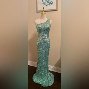 011 Primavera Couture One-Shoulder Sequin Gown in Aqua